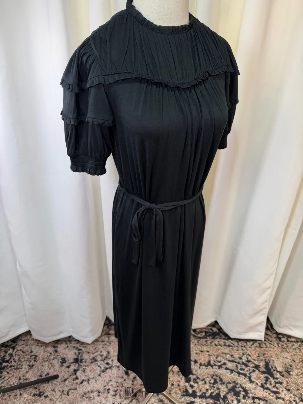 NWT Boden Black Ruffled Neck Puff Sleeve Jersey Midi Dress w/ Tie Waist Size 4P